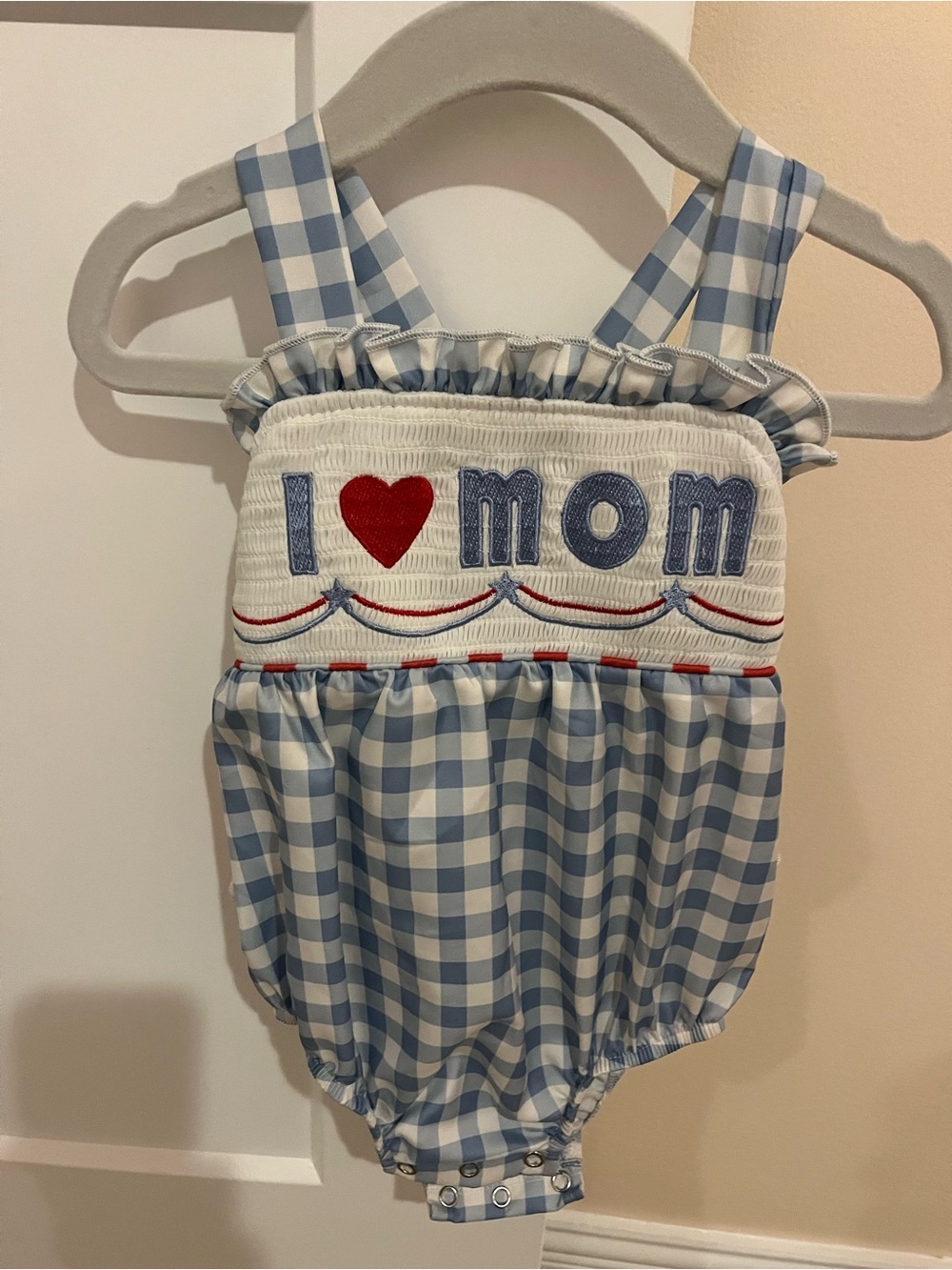 I Heart Mom Blue Gingham Baby One-Piece Bodysuit